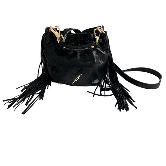 Brian Atwood Pippa Bucket Bag Black Metallic Mini Edgy Glam Western Fringe Boho - Picture 2 of 12